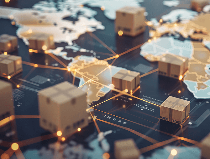 Visual representation of global shipping and logistics network with cardboard boxes connected by glowing lines on a world map