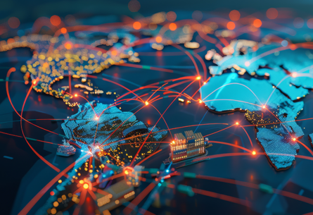 Karte der globalen Lieferkette, die das komplexe Netz von Transportwegen und Vertriebszentren visualisiert.