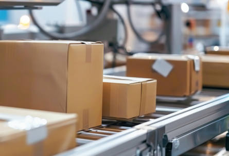 Boxes on a conveyor belt in a warehouse