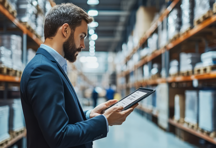 A business professional reviewing supply chain strategies on a tablet while standing in a busy warehouse